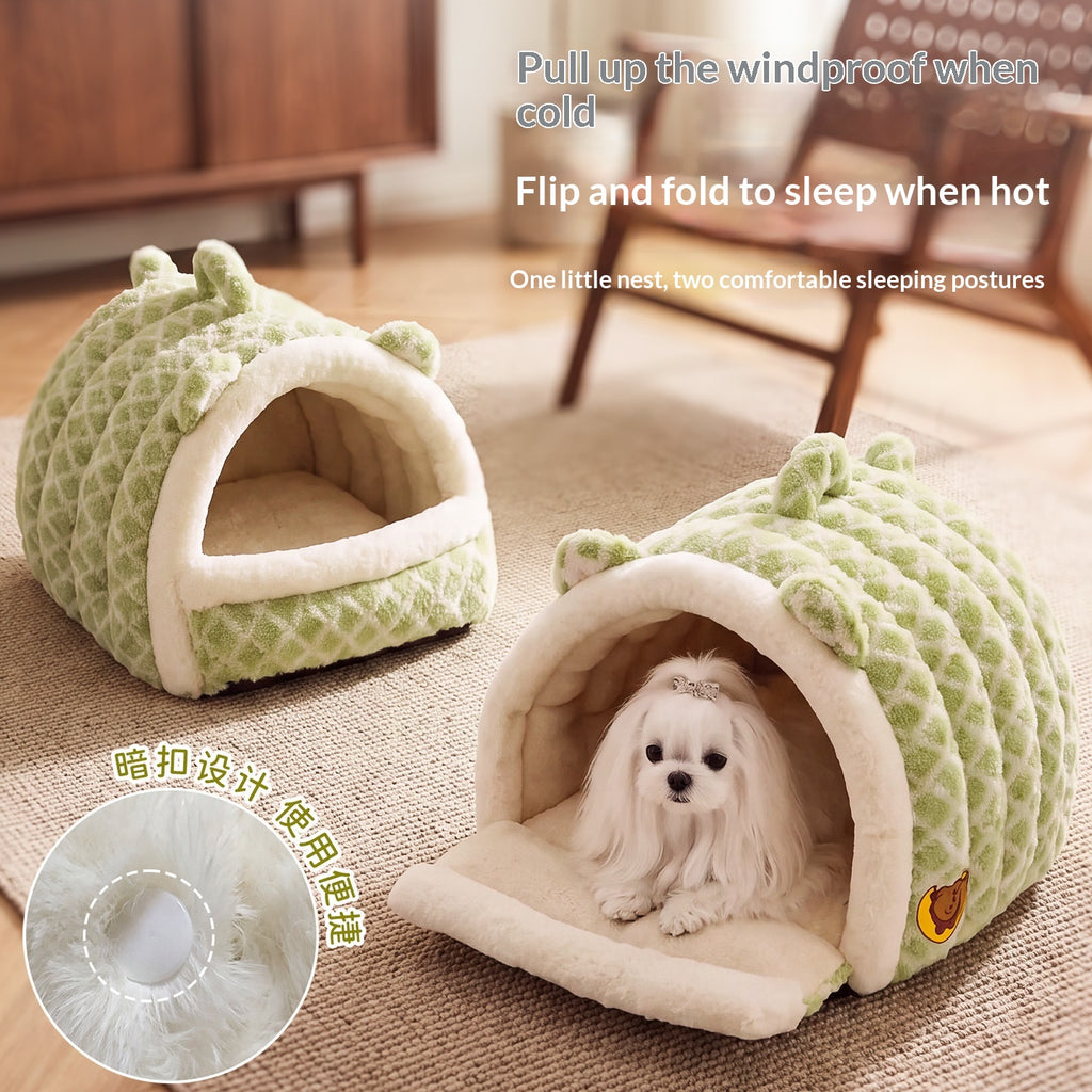 Portable Semi-Enclosed Dual-Use Warm Cloud-Feel Jacquard Diamond-Pattern Dog Bed