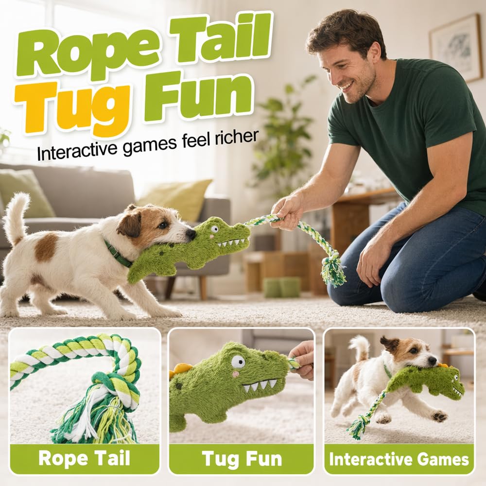 Fun Knotty Crocodile Dog Chew Toy For Interactive Play Cotton Rope And Squeaky Plush, Dog Toys For Chewers, Fetch And Tug-Of-War For Small T