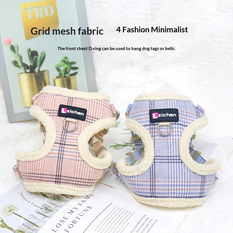 Plaid Dog Leash Vest with Fleece Lining