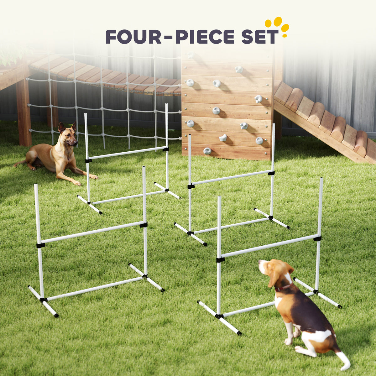 4 Piece Dog Agility Training Equipment For Dog Agility Course With Adjustable Height Jump Bars, Included Carry Bag, & Displacing Top Bar, Wh